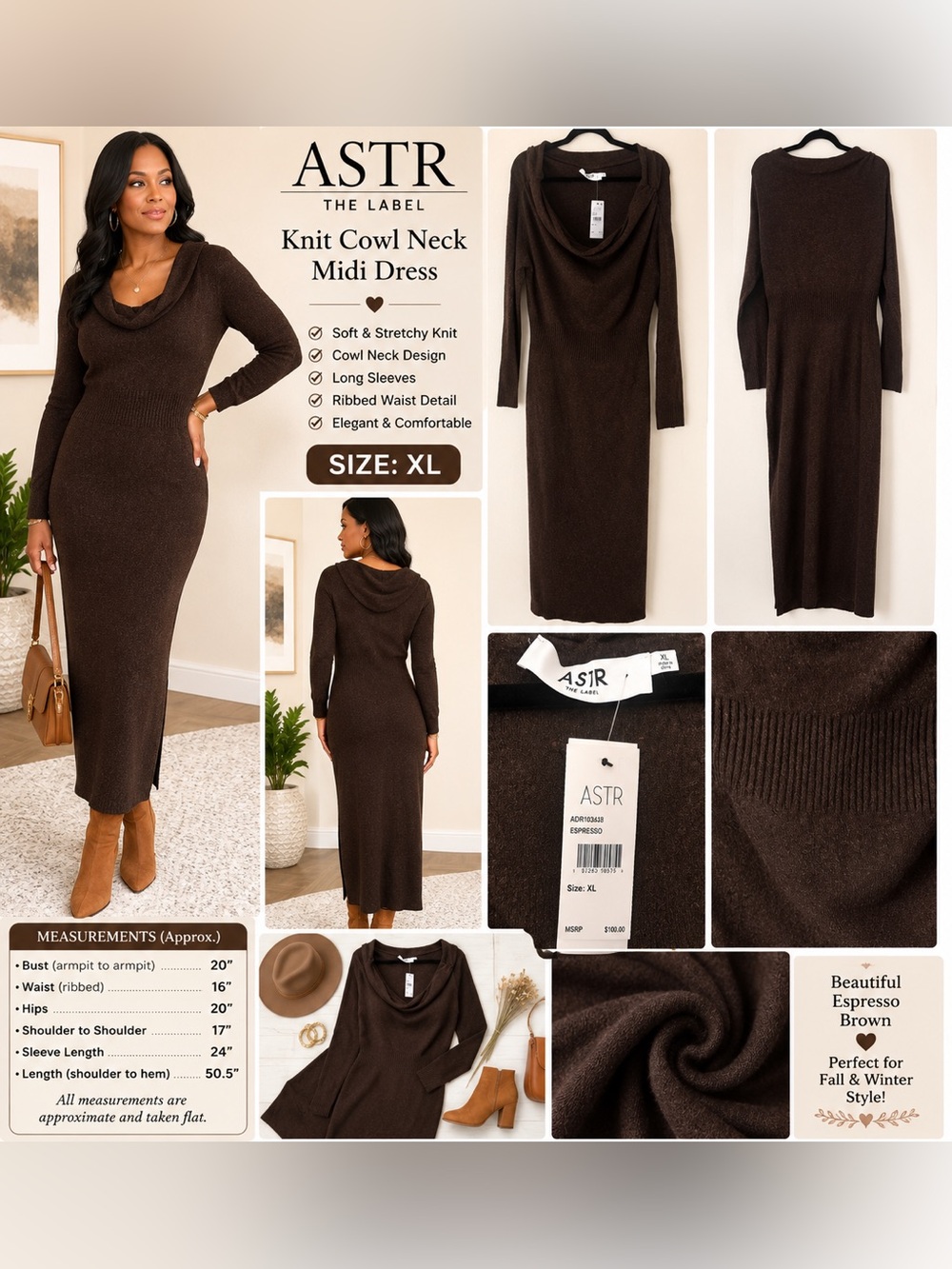 ASTR The Label Espresso Brown Cowl Neck Knit Midi Dress – Size XL – NWT - Picture 2 of 2